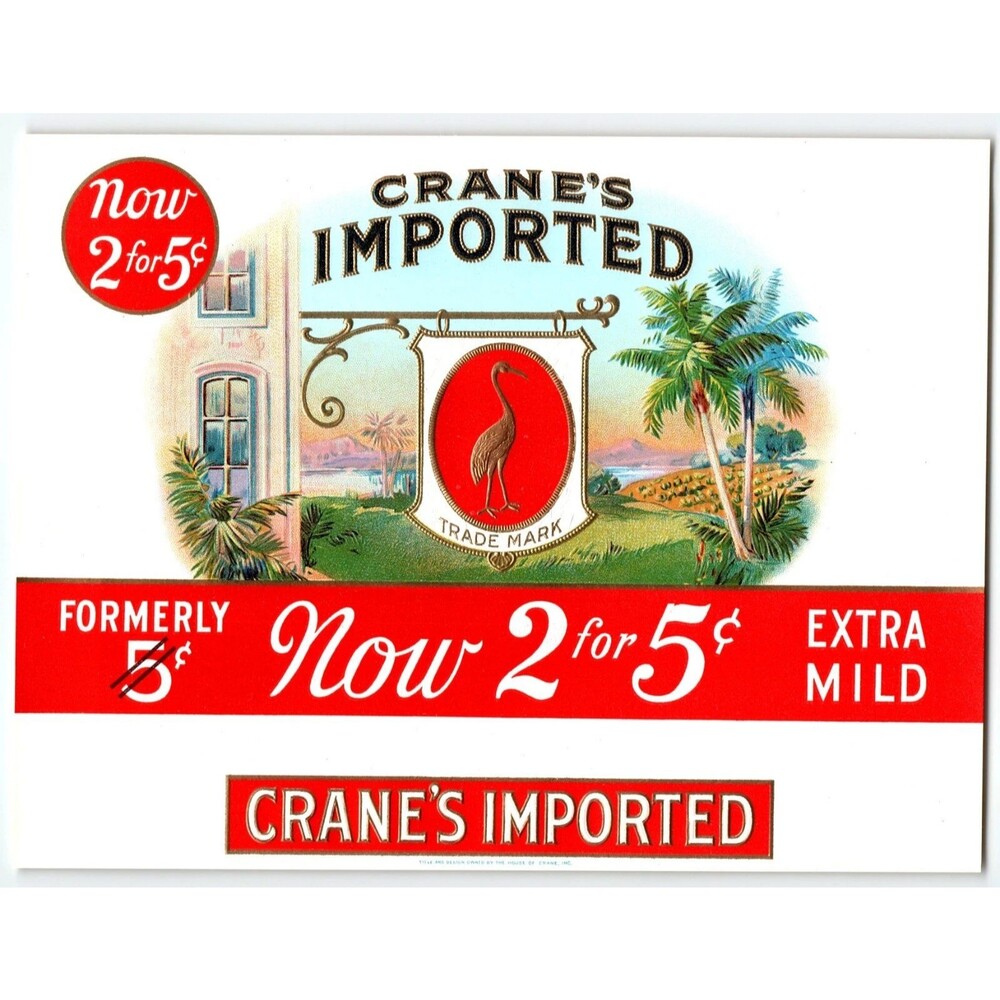 Cranes Imported Tropical Bird Cigar Box Label Deep Embossed Vintage Original